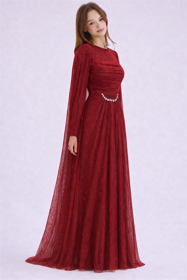 Taş ve Pelerin Detaylı Dantel Tesettür Abiye Elbise BORDO 1255