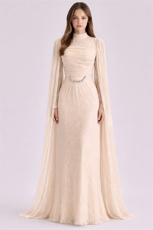 Taş ve Pelerin Detaylı Dantel Tesettür Abiye Elbise KREM 1255