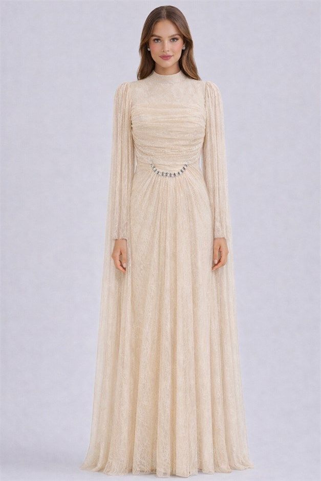 Taş ve Pelerin Detaylı Dantel Tesettür Abiye Elbise KREM 1255