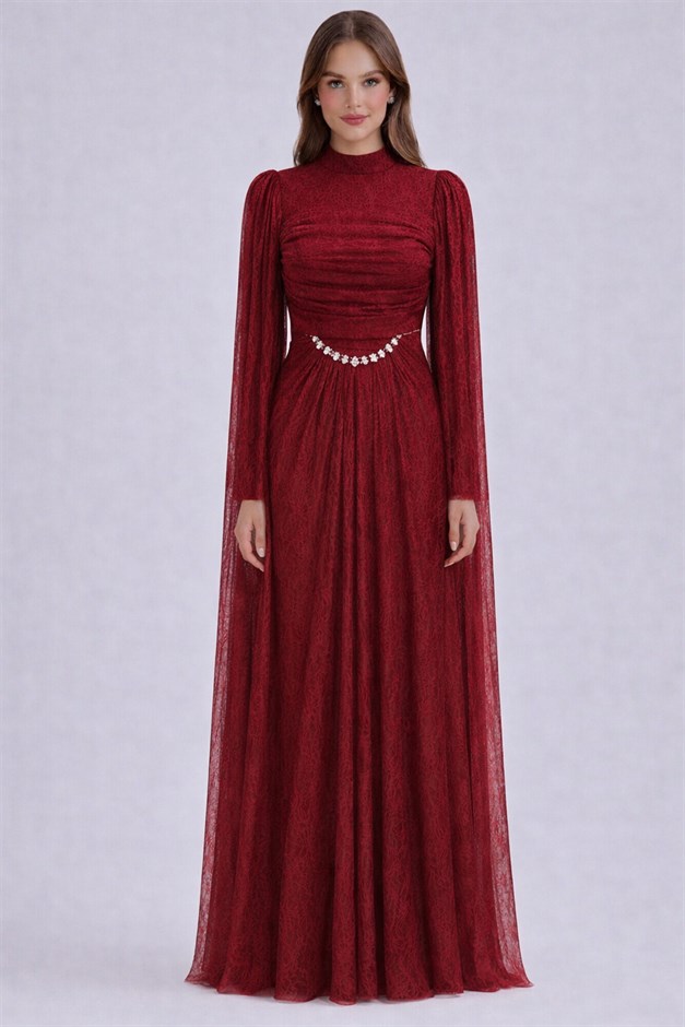 Taş ve Pelerin Detaylı Dantel Tesettür Abiye Elbise BORDO 1255