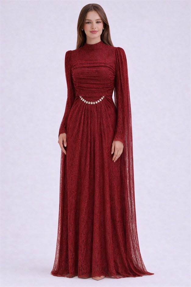 Taş ve Pelerin Detaylı Dantel Tesettür Abiye Elbise BORDO 1255