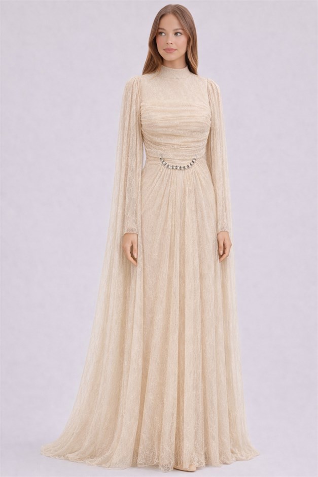 Taş ve Pelerin Detaylı Dantel Tesettür Abiye Elbise KREM 1255