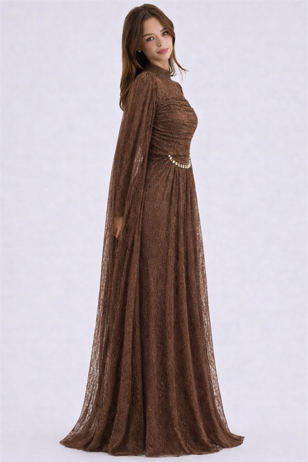 Taş ve Pelerin Detaylı Dantel Tesettür Abiye Elbise KAHVE 1255