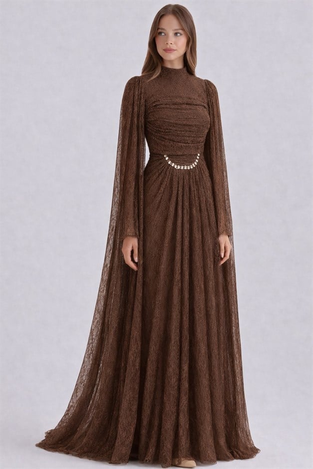 Taş ve Pelerin Detaylı Dantel Tesettür Abiye Elbise KAHVE 1255