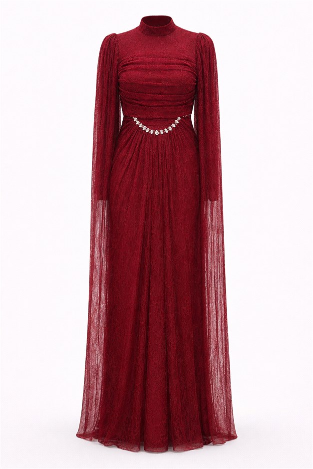 Taş ve Pelerin Detaylı Dantel Tesettür Abiye Elbise BORDO 1255