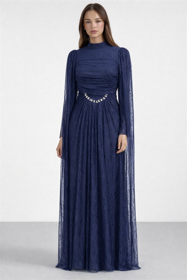 Taş ve Pelerin Detaylı Dantel Tesettür Abiye Elbise LACİVERT 1255