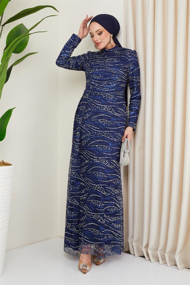 فستان سهرة من التول والحجاب بنقشة حجر وترتر الأزرق الداكن 1209