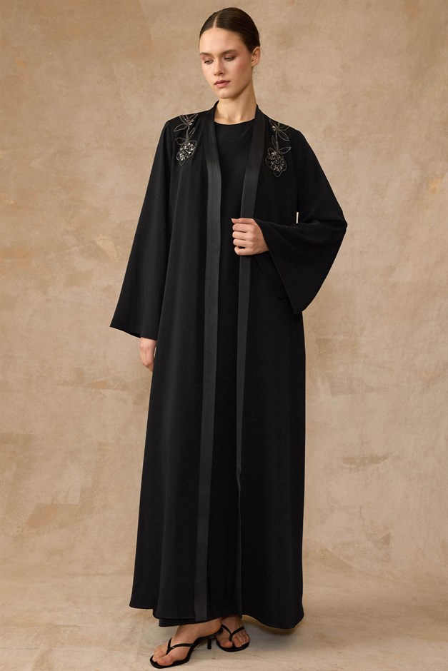 Taş ve Saten Detaylı Elbiseli Abaya Takım SİYAH 9444-TK