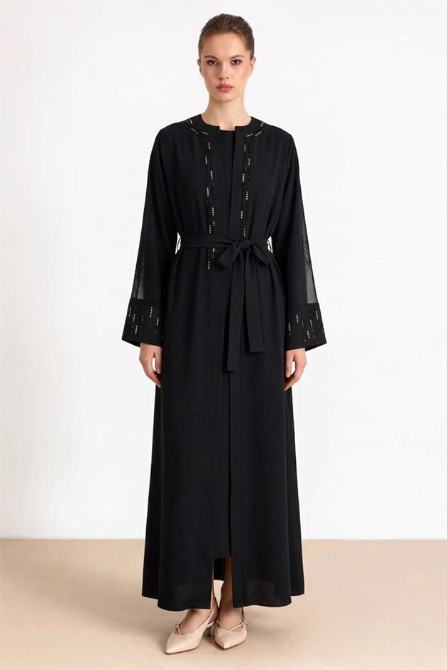 Taş ve Tül Detaylı Abaya Takım SİYAH 9450-TK