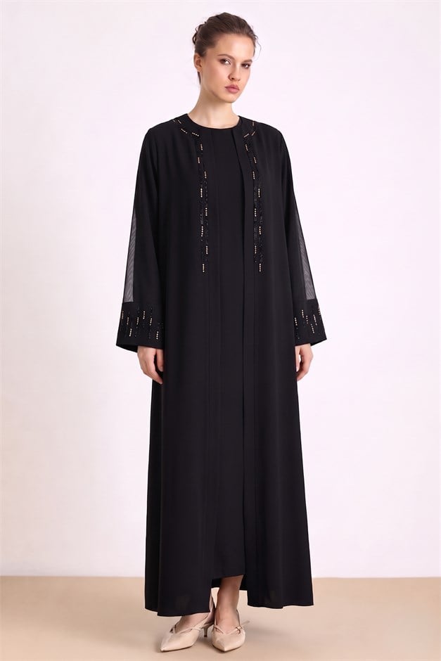 Taş ve Tül Detaylı Abaya Takım SİYAH 9450-TK