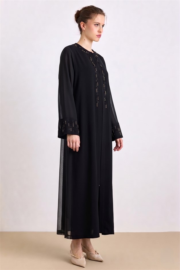 Taş ve Tül Detaylı Abaya Takım SİYAH 9450-TK