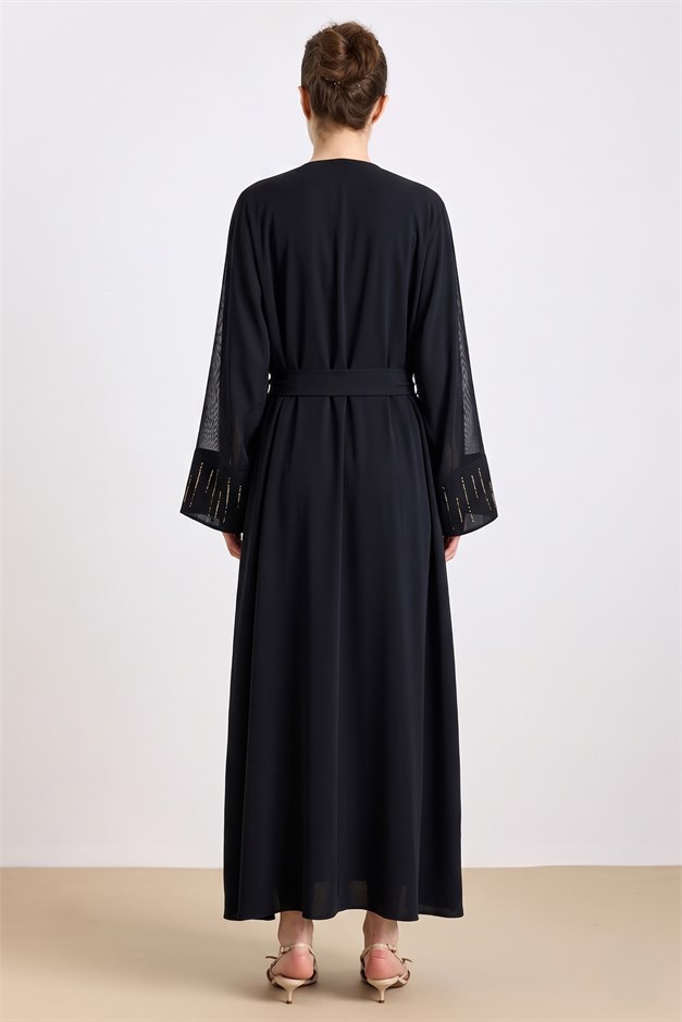 Taş ve Tül Detaylı Abaya Takım SİYAH 9450-TK