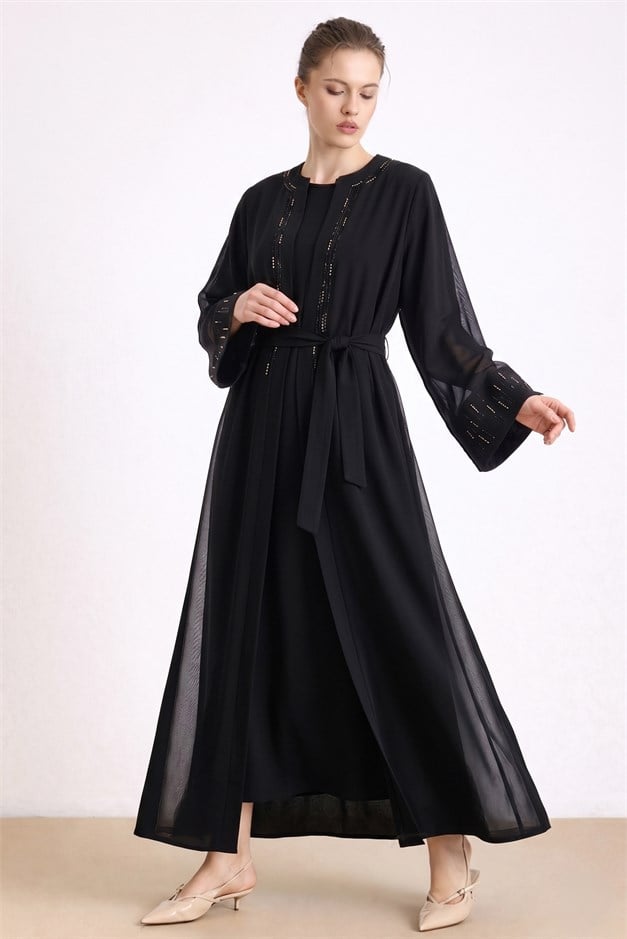 Taş ve Tül Detaylı Abaya Takım SİYAH 9450-TK