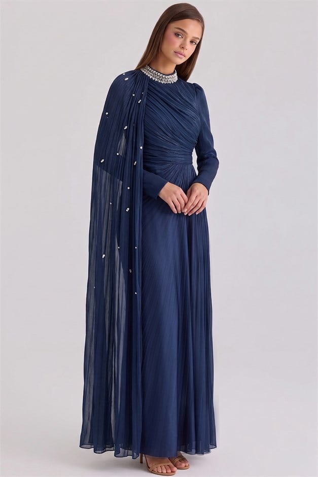 Taş ve Volan Detaylı Pelerin Yoryo İpek Tesettür Abiye Elbise K. İNDİGO 1257