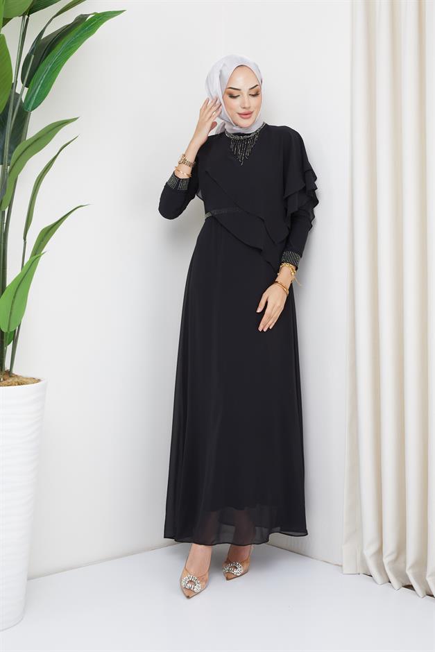 فستان سهرة شيفون للحجاب مع تفاصيل حجر وكشكشة أسود 1651