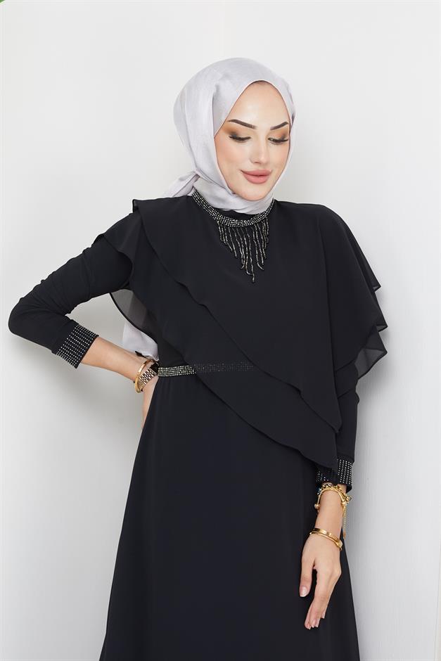 فستان سهرة شيفون للحجاب مع تفاصيل حجر وكشكشة أسود 1651