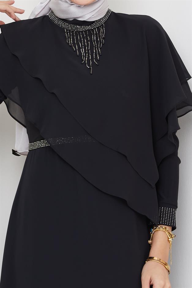 فستان سهرة شيفون للحجاب مع تفاصيل حجر وكشكشة أسود 1651