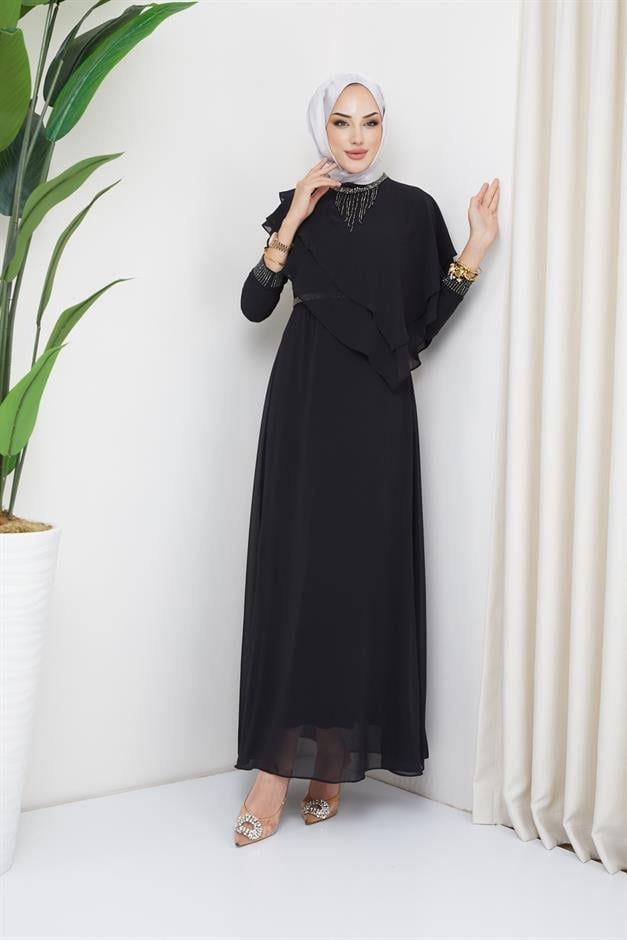 فستان سهرة شيفون للحجاب مع تفاصيل حجر وكشكشة أسود 1651