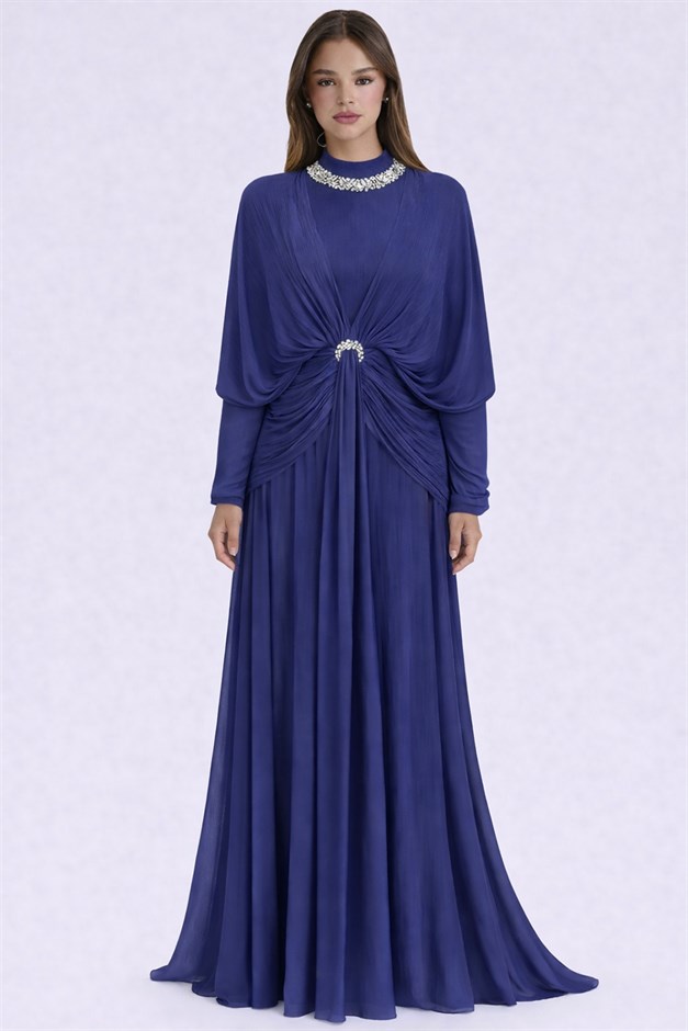Taş ve Volon Detaylı Yoryo İpek Tesettür Abiye Elbise K. İNDİGO 1254