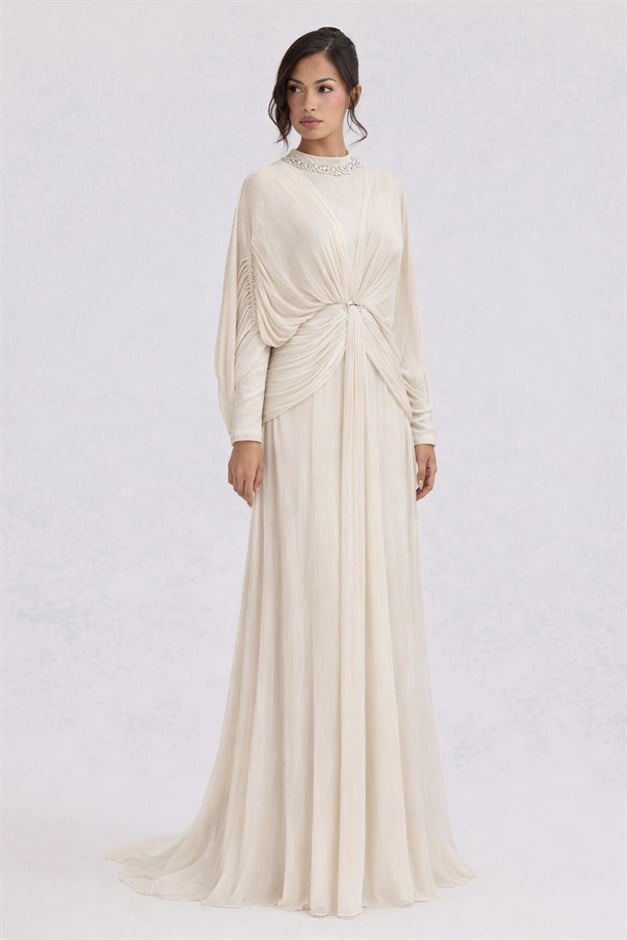 Taş ve Volon Detaylı Yoryo İpek Tesettür Abiye Elbise TAŞ 1254