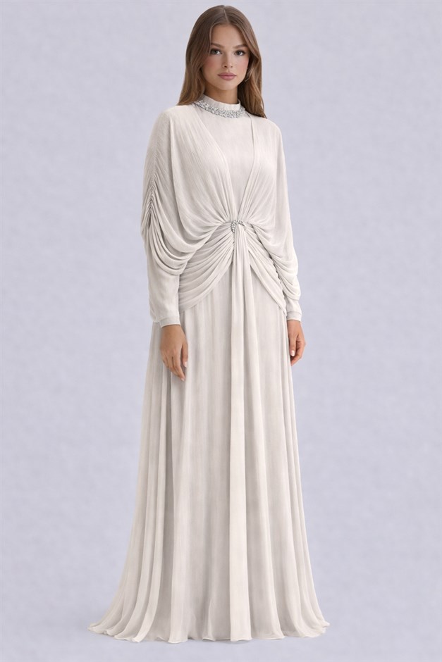 Taş ve Volon Detaylı Yoryo İpek Tesettür Abiye Elbise TAŞ 1254