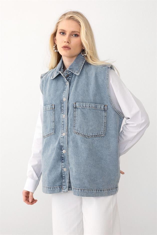 Comfortable Denim Vest with Pocket Detail BLUE 8254