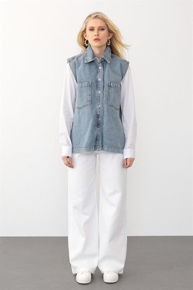 Comfortable Denim Vest with Pocket Detail BLUE 8254