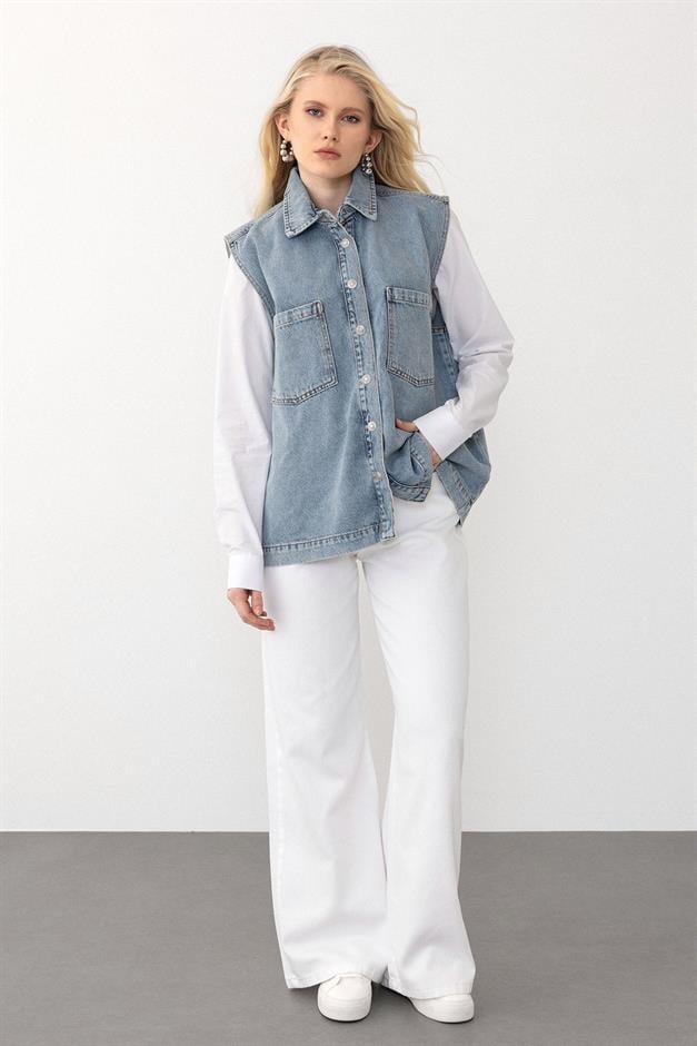 Comfortable Denim Vest with Pocket Detail BLUE 8254