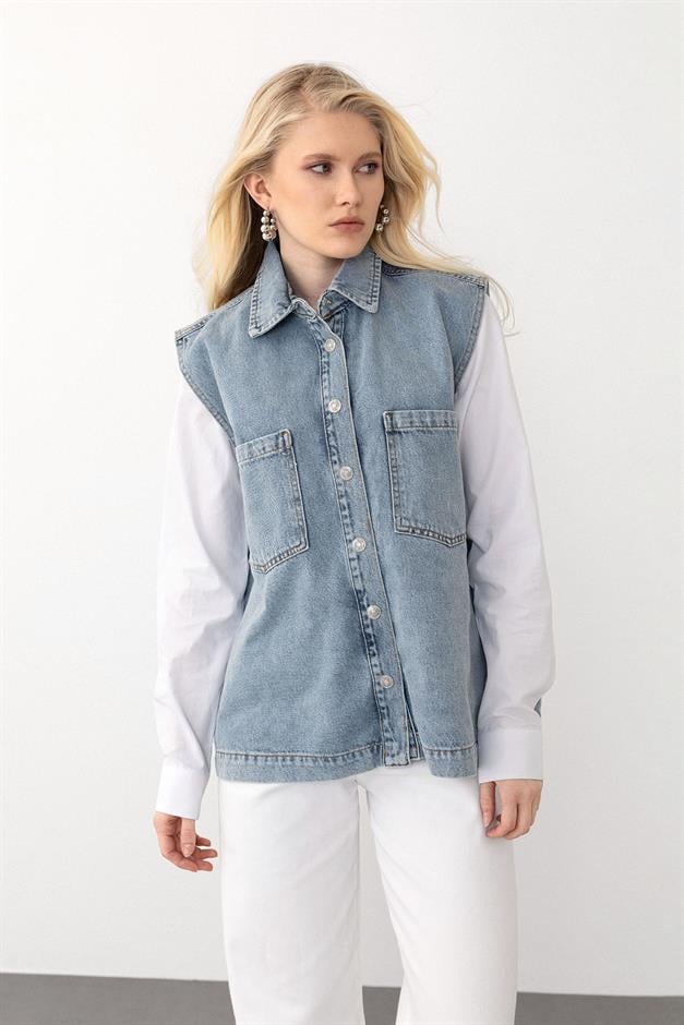 Comfortable Denim Vest with Pocket Detail BLUE 8254
