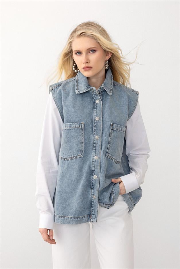 Comfortable Denim Vest with Pocket Detail BLUE 8254