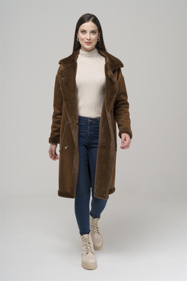 Double-breasted Suede/Fur Coat with Pocket CAMEL 6496