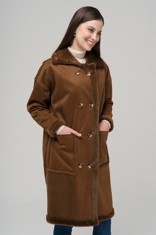 Double-breasted Suede/Fur Coat with Pocket CAMEL 6496