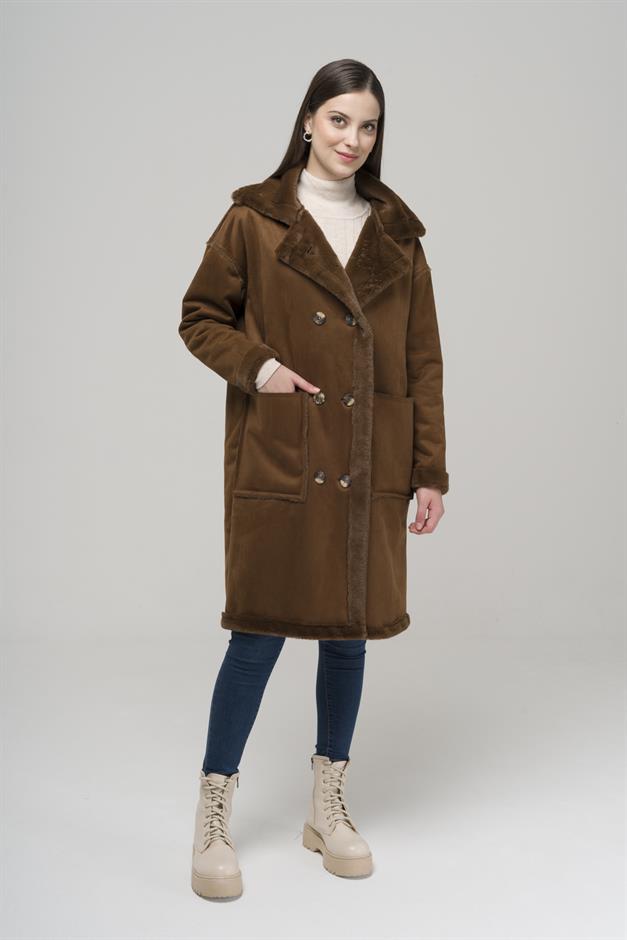 Double-breasted Suede/Fur Coat with Pocket CAMEL 6496