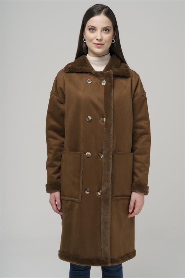 Double-breasted Suede/Fur Coat with Pocket CAMEL 6496