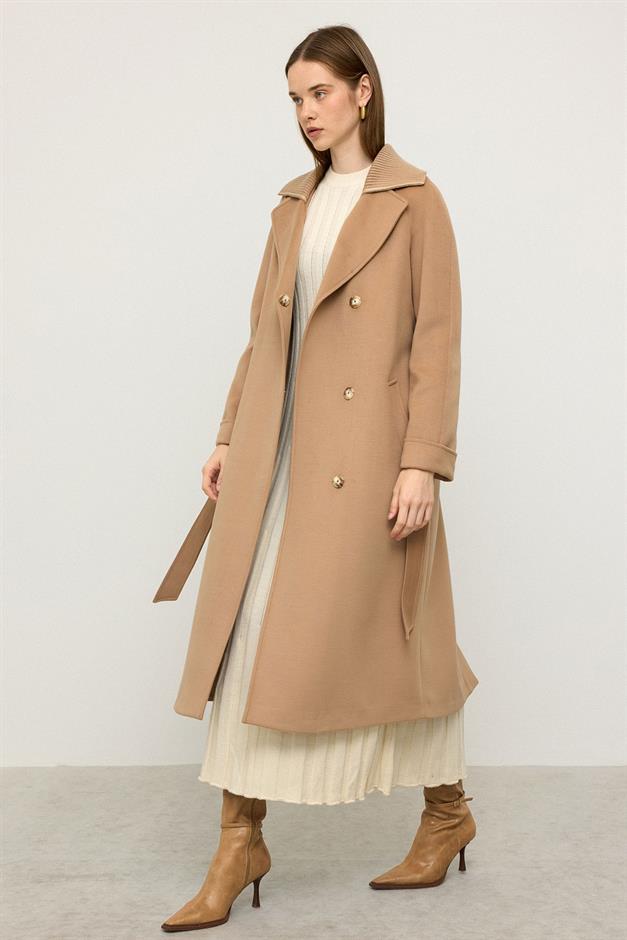 معطف كشمير محبوك بأكمام راجلان وياقة بسكويت 3099