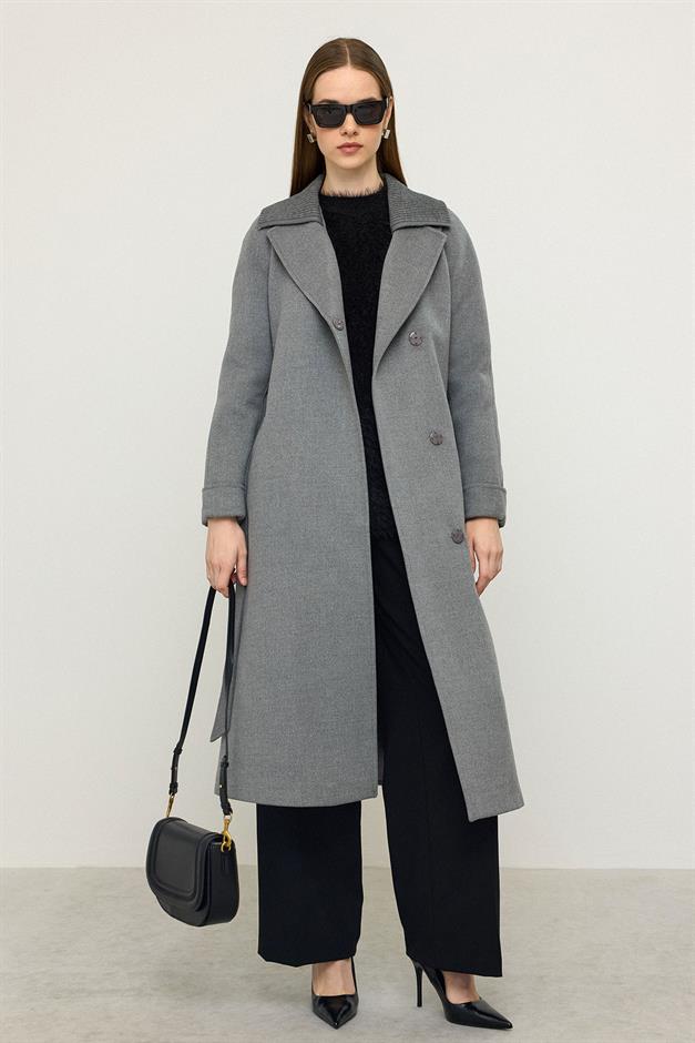 معطف كشمير محبوك بأكمام راجلان وياقة رمادي غامق 3099