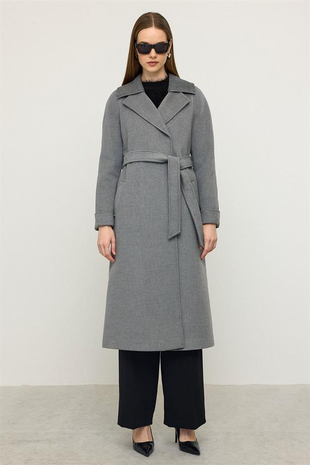 معطف كشمير محبوك بأكمام راجلان وياقة رمادي غامق 3099