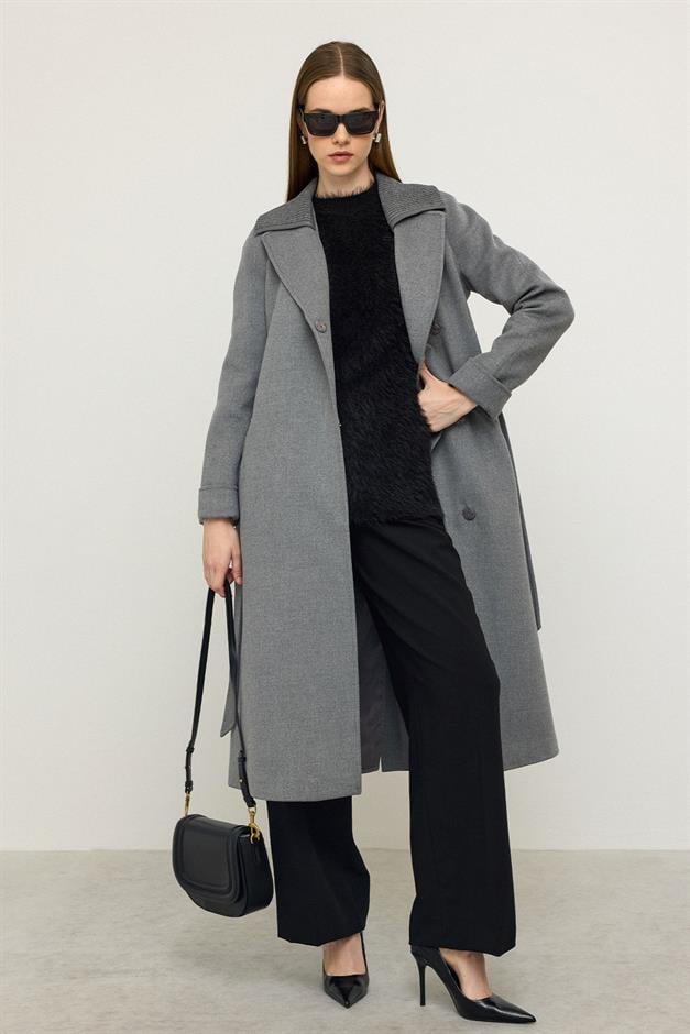 معطف كشمير محبوك بأكمام راجلان وياقة رمادي غامق 3099