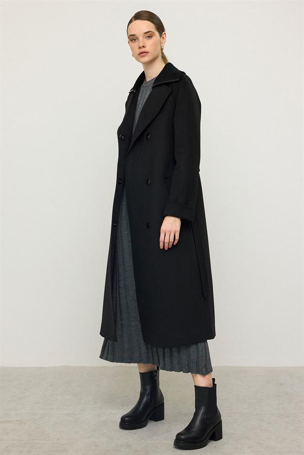 معطف كشمير محبوك بأكمام راجلان وياقة أسود 3099