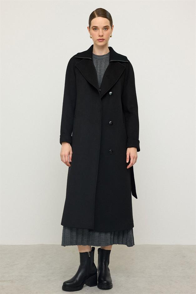 معطف كشمير محبوك بأكمام راجلان وياقة أسود 3099