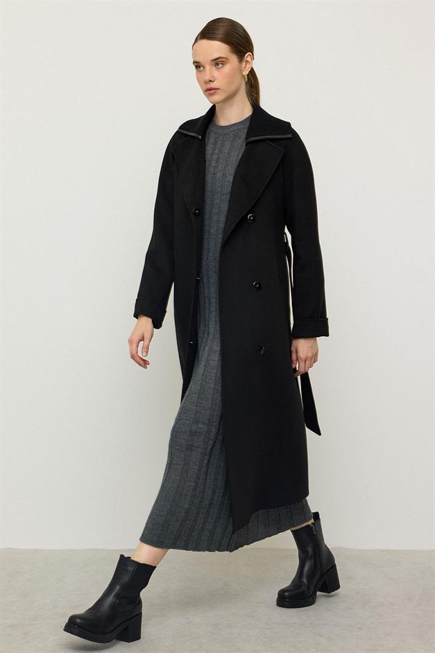 معطف كشمير محبوك بأكمام راجلان وياقة أسود 3099