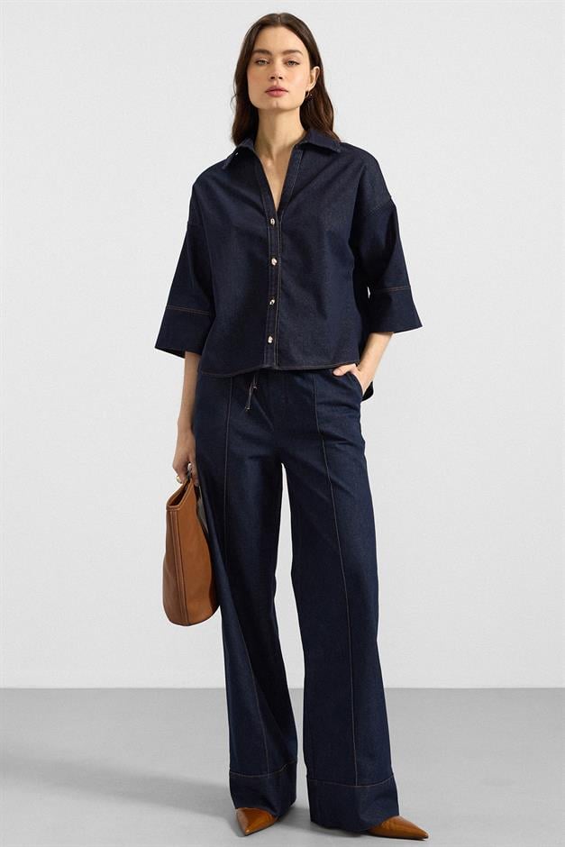 Truvakar Kol Ceket Pantolon Denim İkili Takım LACİVERT 9415-TK