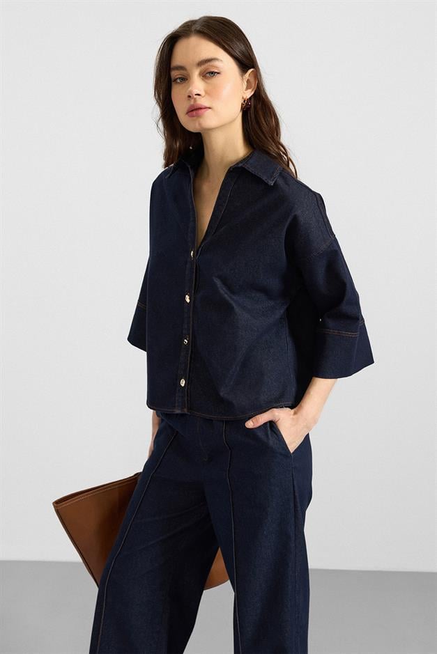 Truvakar Kol Ceket Pantolon Denim İkili Takım LACİVERT 9415-TK