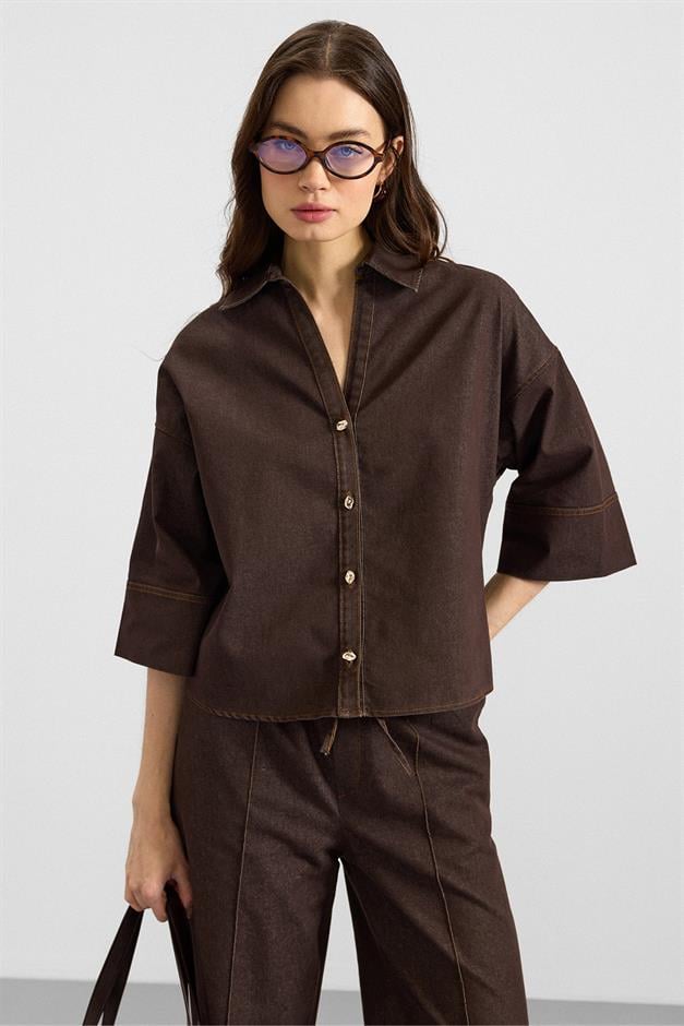 Truvakar Kol Ceket Pantolon Denim İkili Takım KAHVE 9415-TK