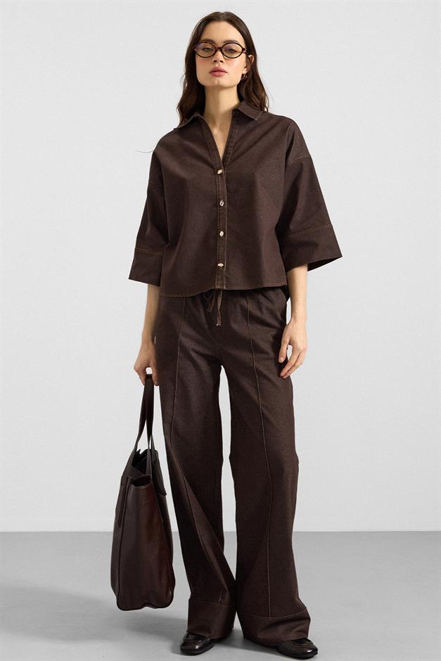 Truvakar Kol Ceket Pantolon Denim İkili Takım KAHVE 9415-TK