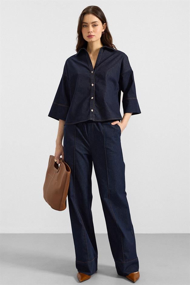 Truvakar Kol Ceket Pantolon Denim İkili Takım LACİVERT 9415-TK