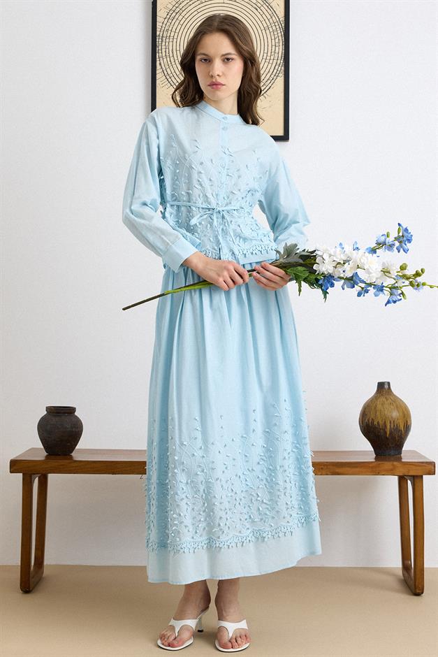 Üç Boyutlu Aplikeli Exclusive Gömlek Etek Takım MAVİ 9438-TK