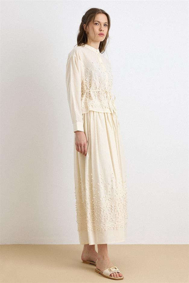 Üç Boyutlu Aplikeli Exclusive Gömlek Etek Takım BEJ 9438-TK