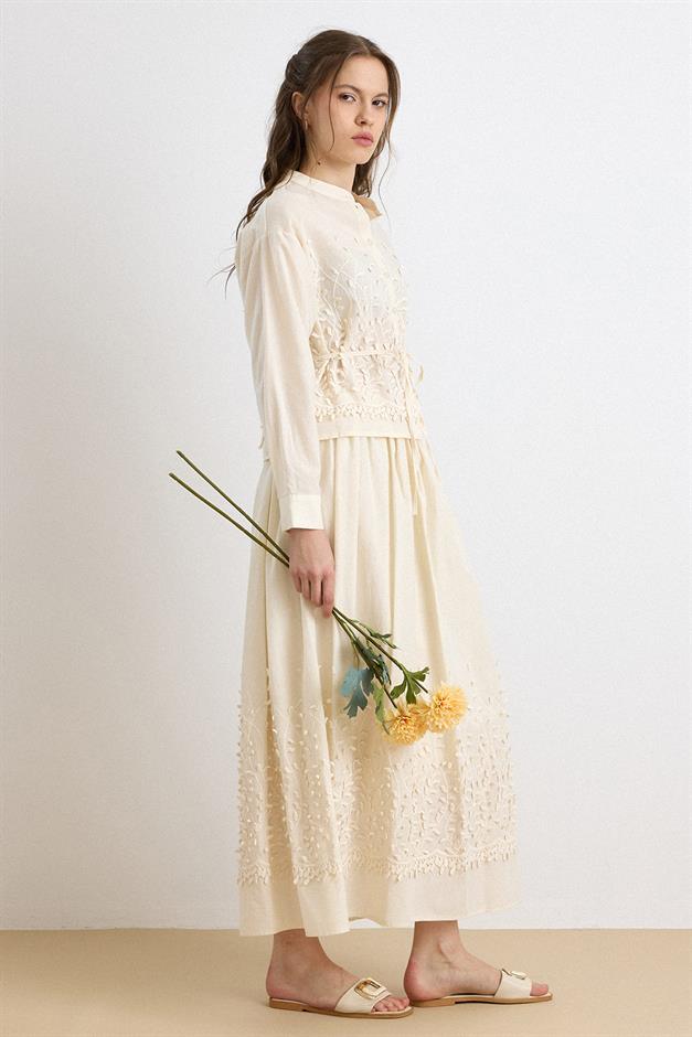 Üç Boyutlu Aplikeli Exclusive Gömlek Etek Takım BEJ 9438-TK