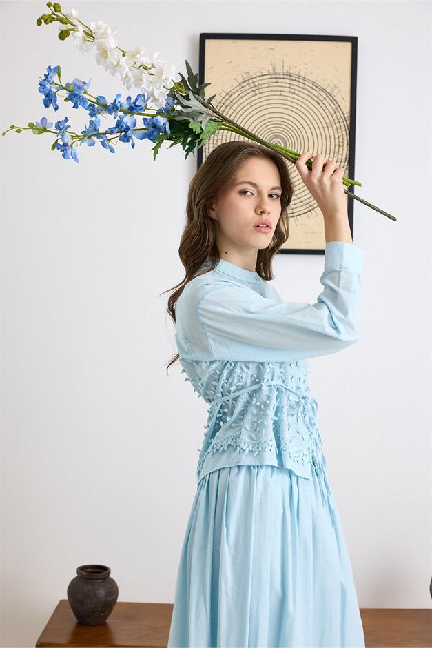 Üç Boyutlu Aplikeli Exclusive Gömlek Etek Takım MAVİ 9438-TK